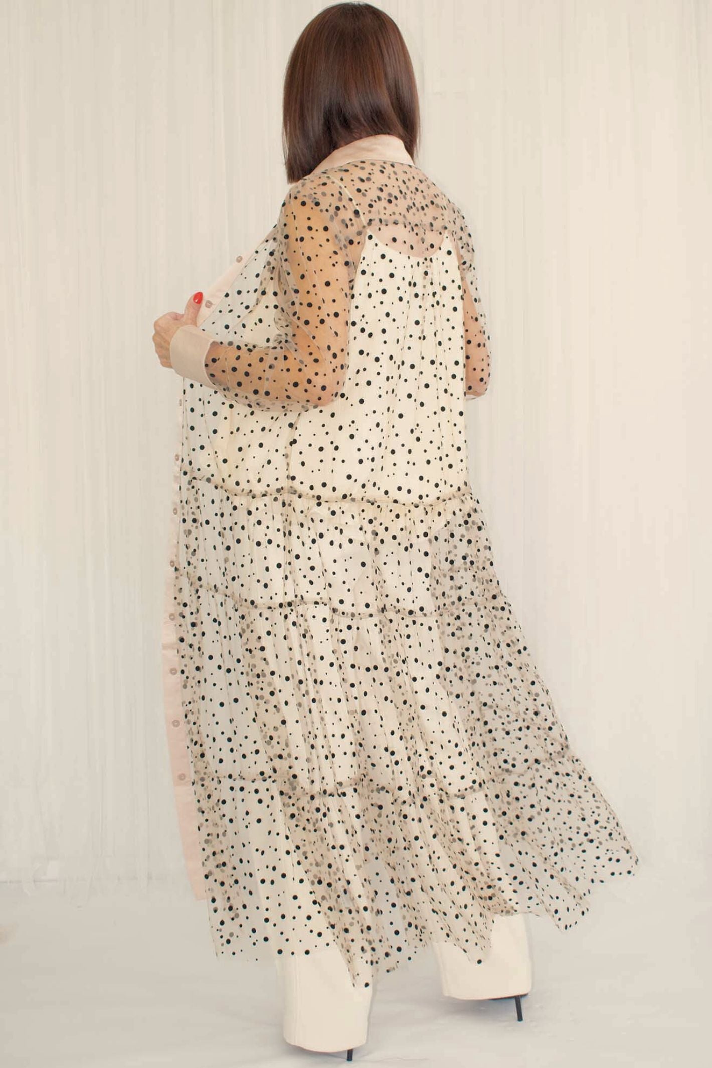 Nude Beige Semi sheer Polka Dot Shirt Dress