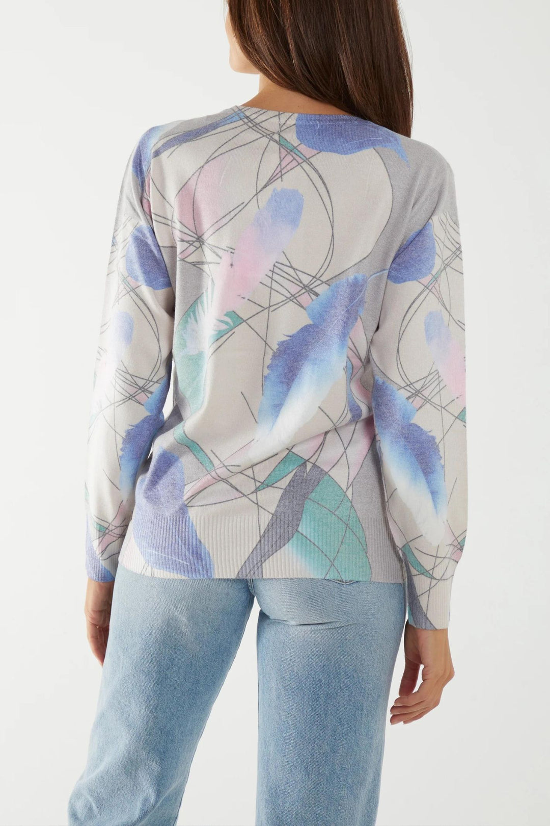 Pastel Geometric Feather Print Super Soft Knitted Jumper