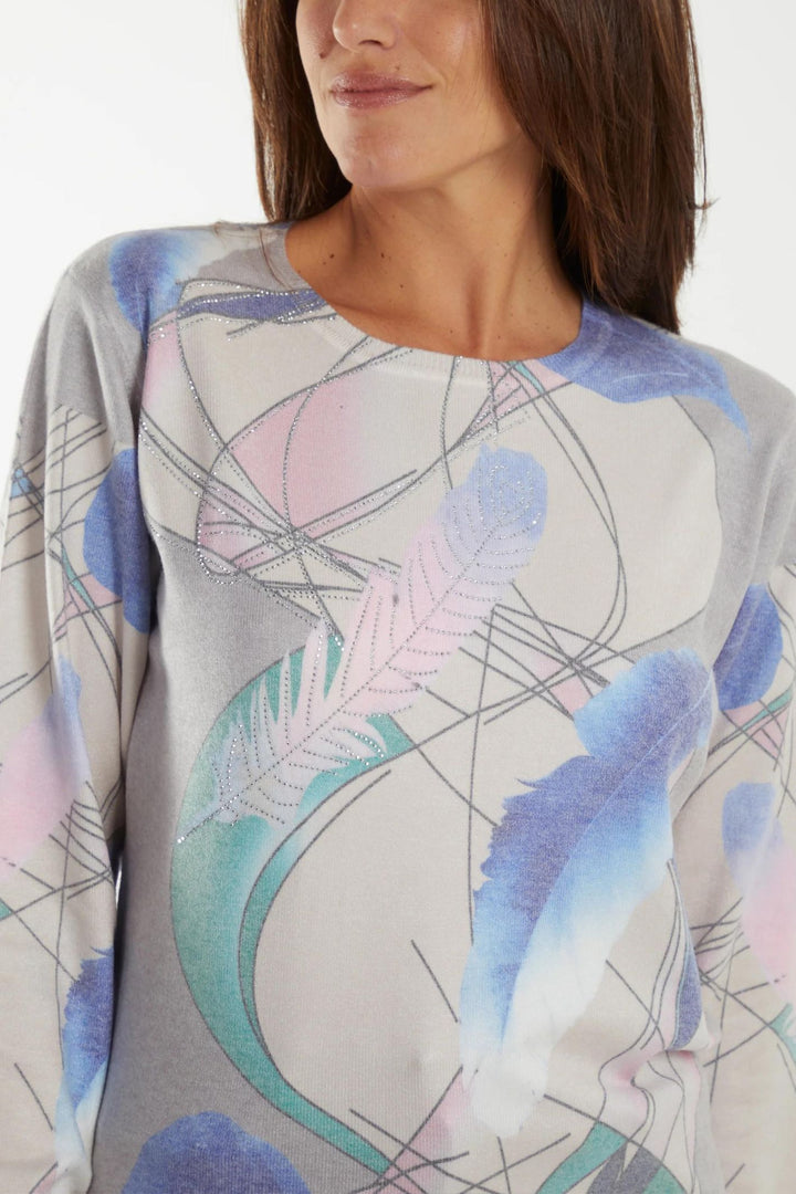 Pastel Geometric Feather Print Super Soft Knitted Jumper