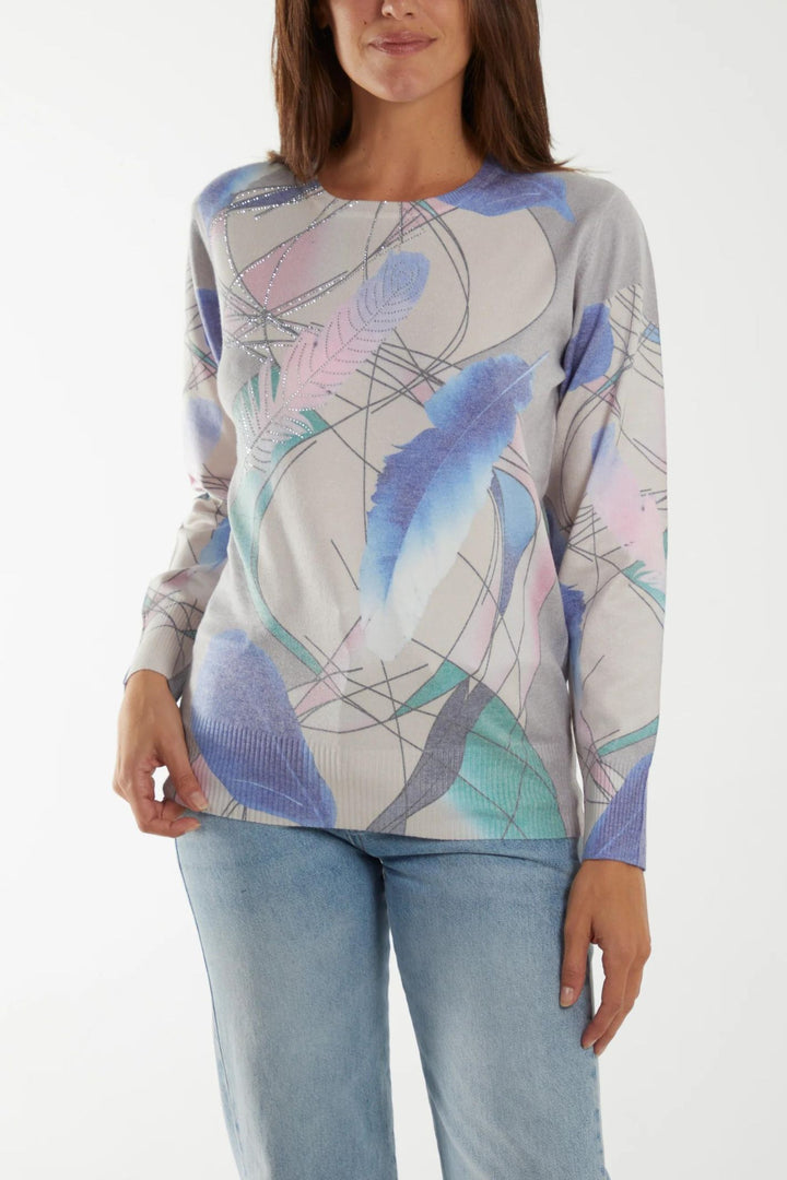 Pastel Geometric Feather Print Super Soft Knitted Jumper