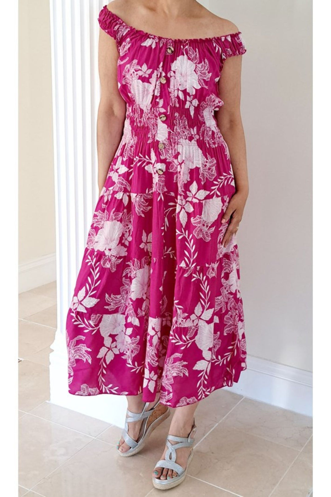 Pink Bardot Floral Stencil Print Midi Sun Dress With Shirred Waist