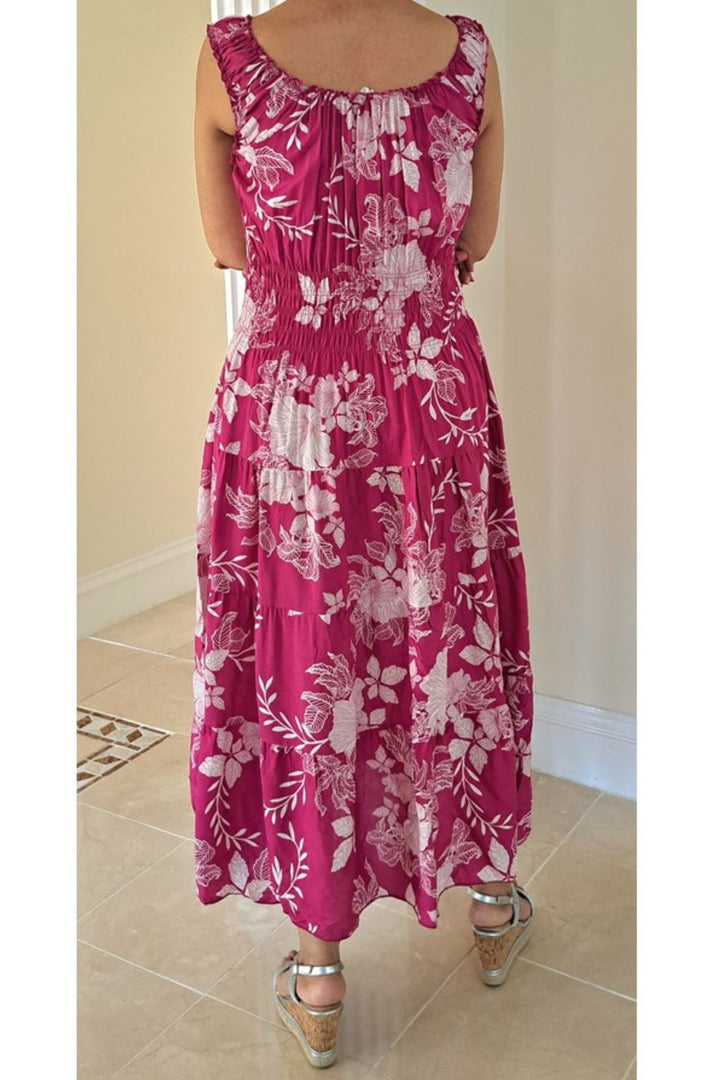 Pink Bardot Floral Stencil Print Midi Sun Dress With Shirred Waist