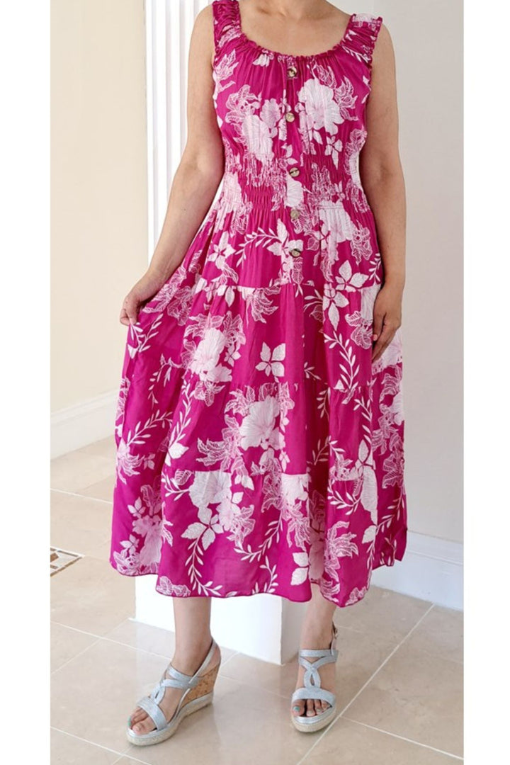 Pink Bardot Floral Stencil Print Midi Sun Dress With Shirred Waist