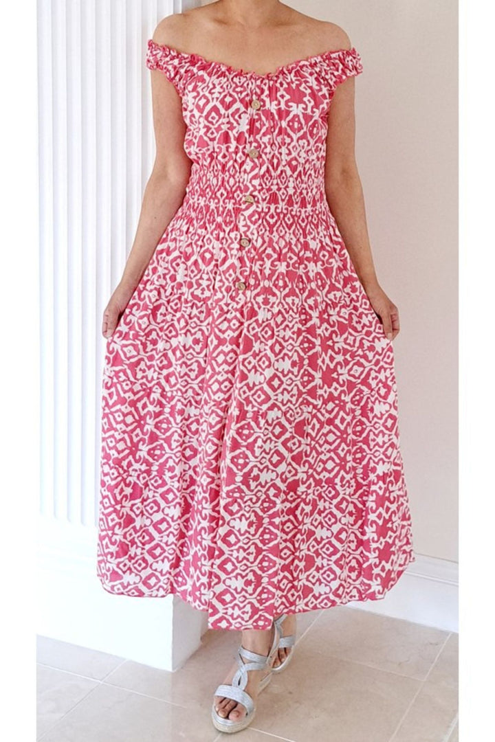 Pink Bardot Tribal Print Midi Sun Dress With Shirred Waist