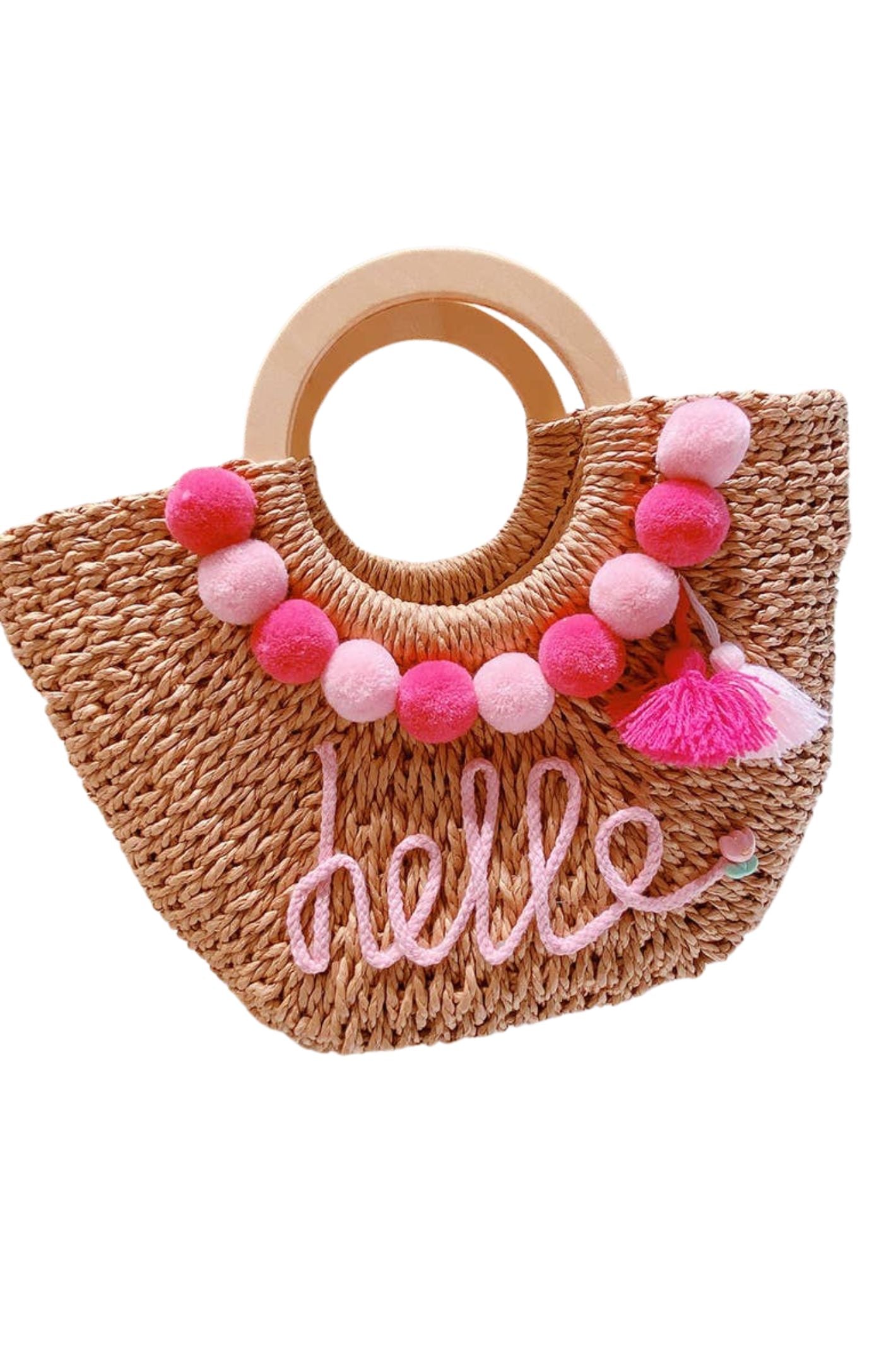 Pink Hello Pom Pom Straw Beach Bag