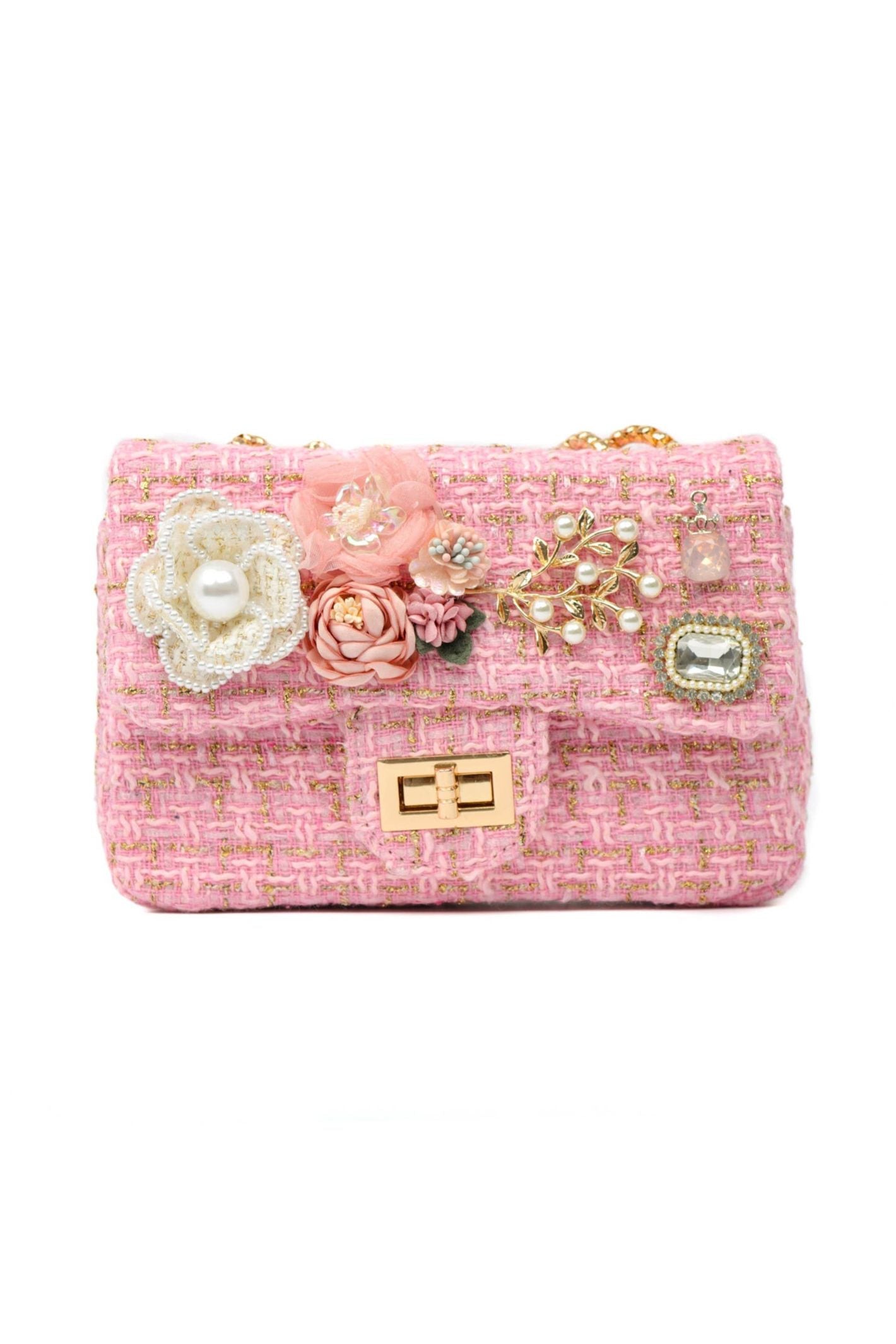 Pink Jewelled Tweed Handbag