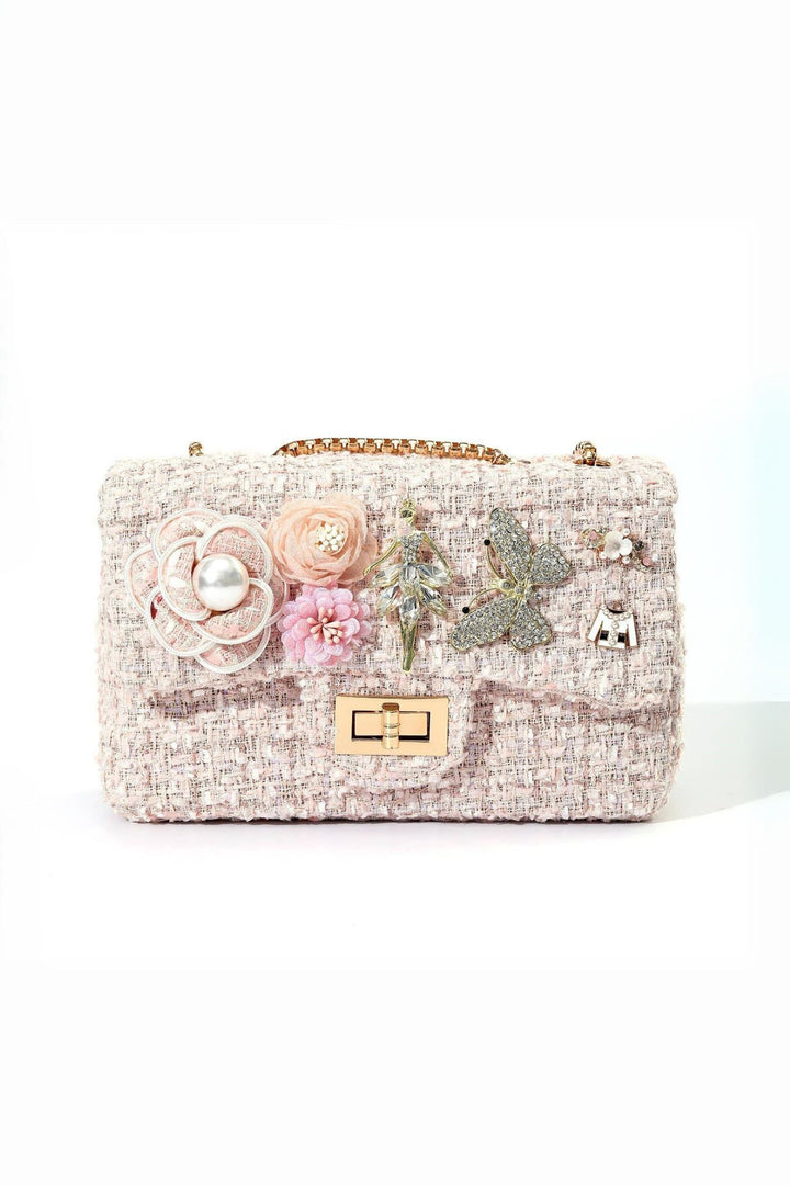 Pink Mix Floral Embellished Tweed Dancer Handbag