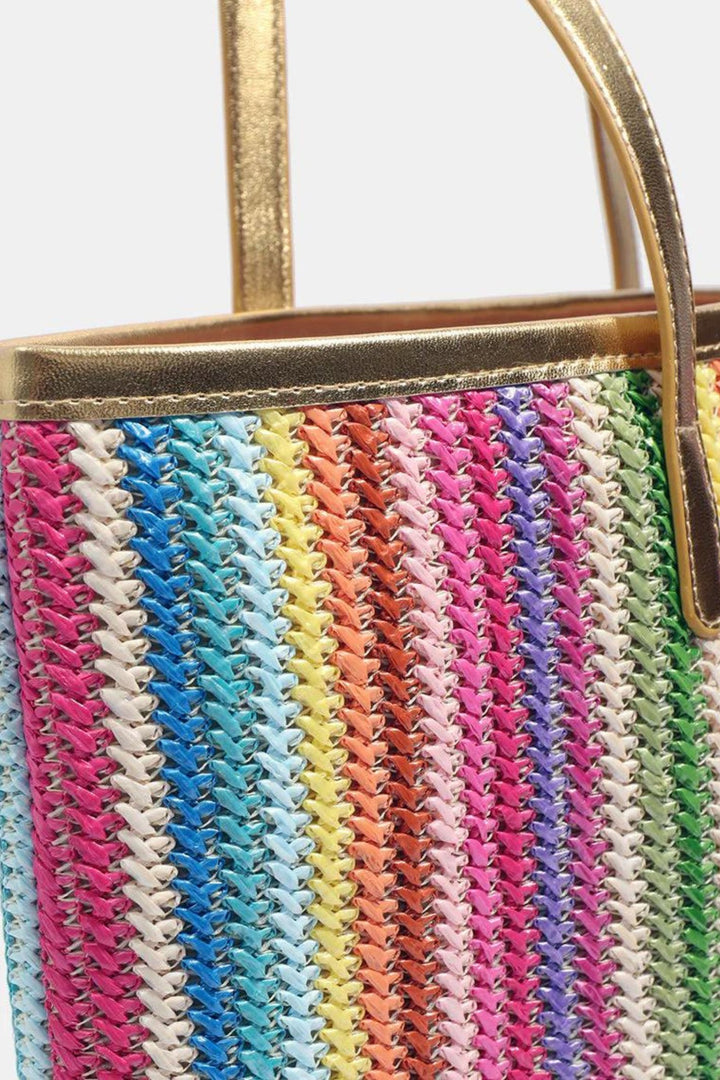 Pink Multi-Coloured Stripe Gold Trim Tote Bag