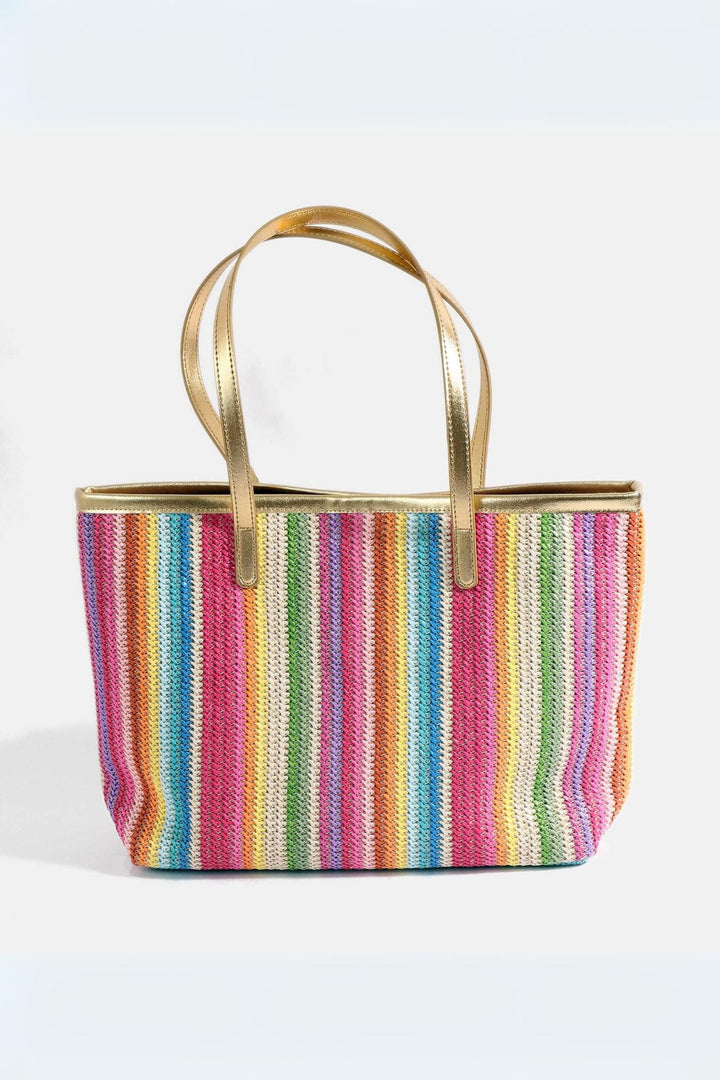 Pink Multi-Coloured Stripe Gold Trim Tote Bag