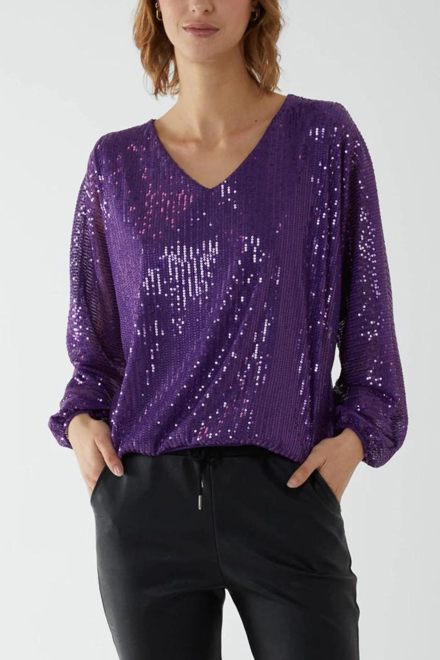 Purple Sequin V Neck Top