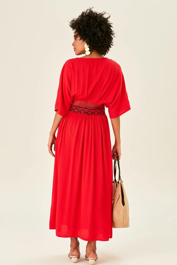 Red Dantelo Tie Waist Kaftan