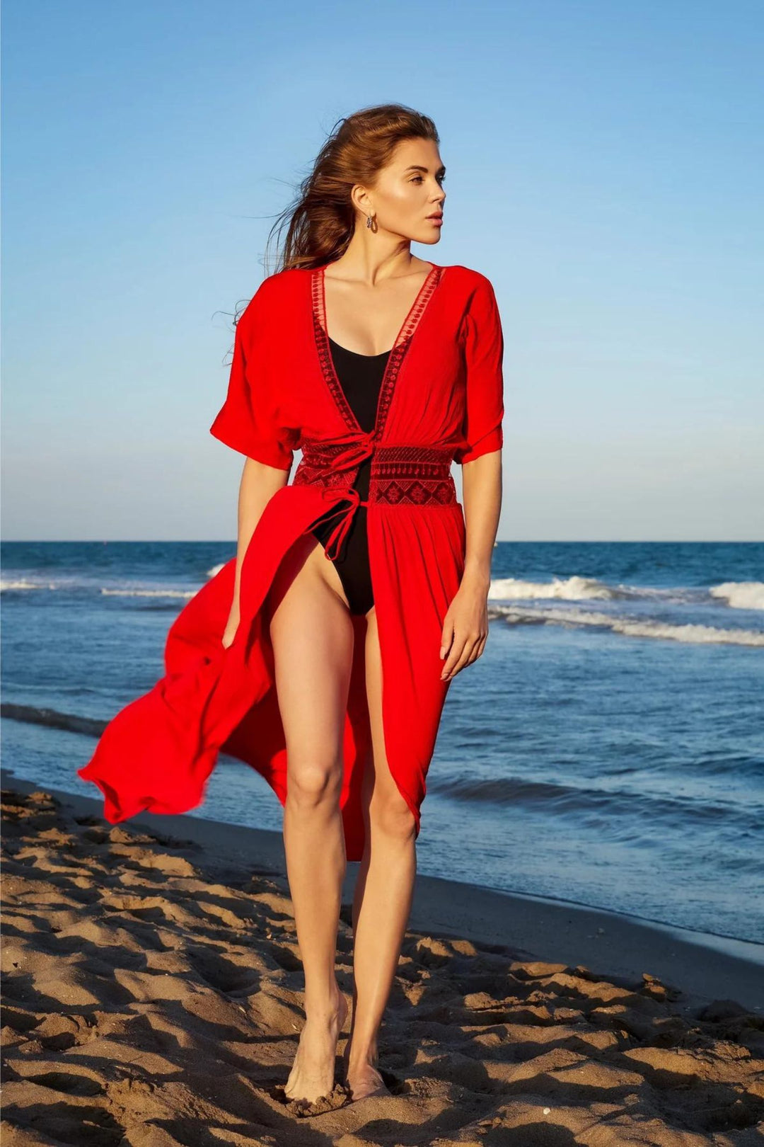 Red Dantelo Tie Waist Kaftan