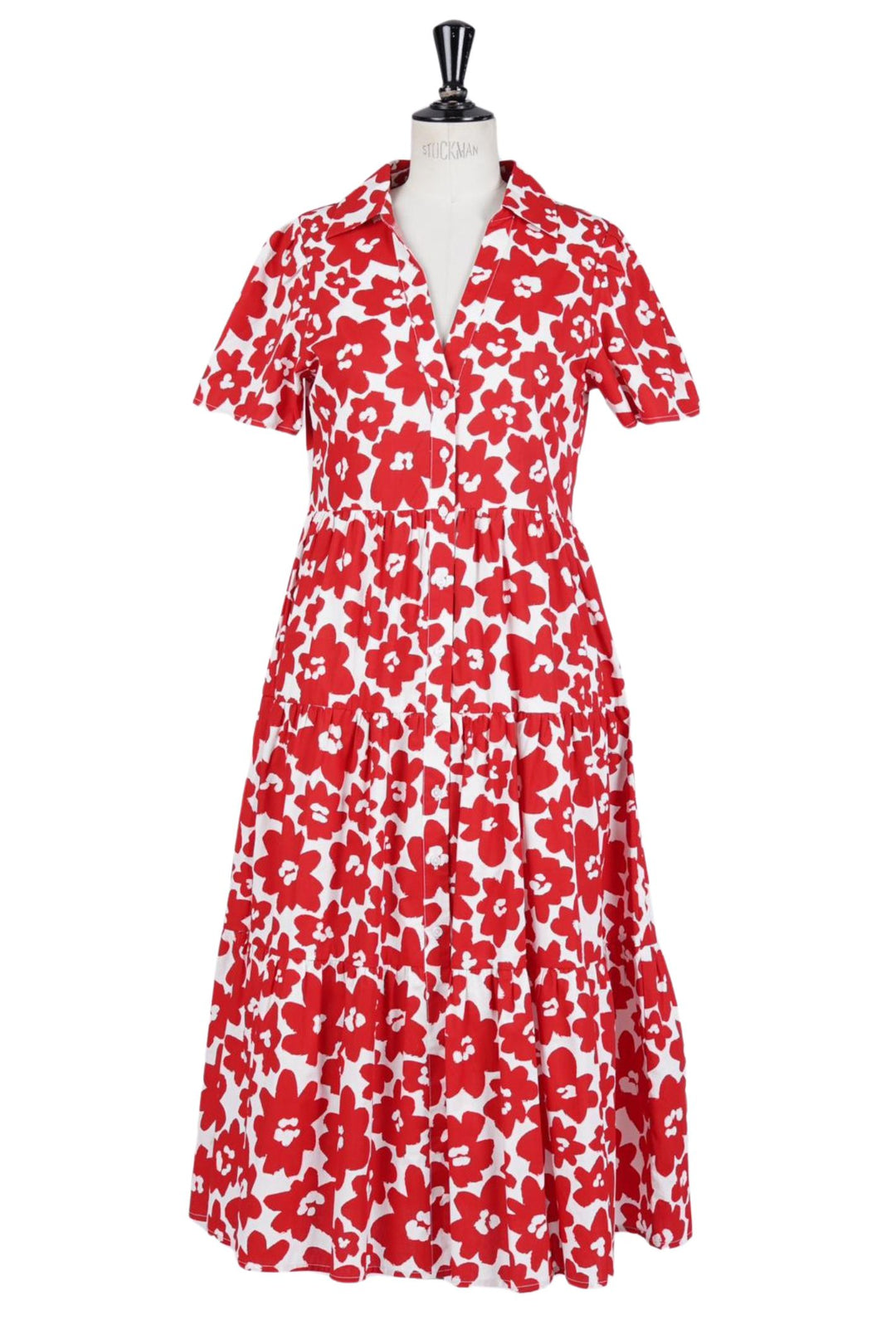 Red & White Floral Print Shirt Style Dress