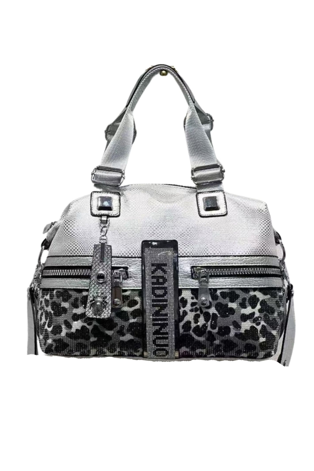 Silver Leopard Print & Crystals Handbag