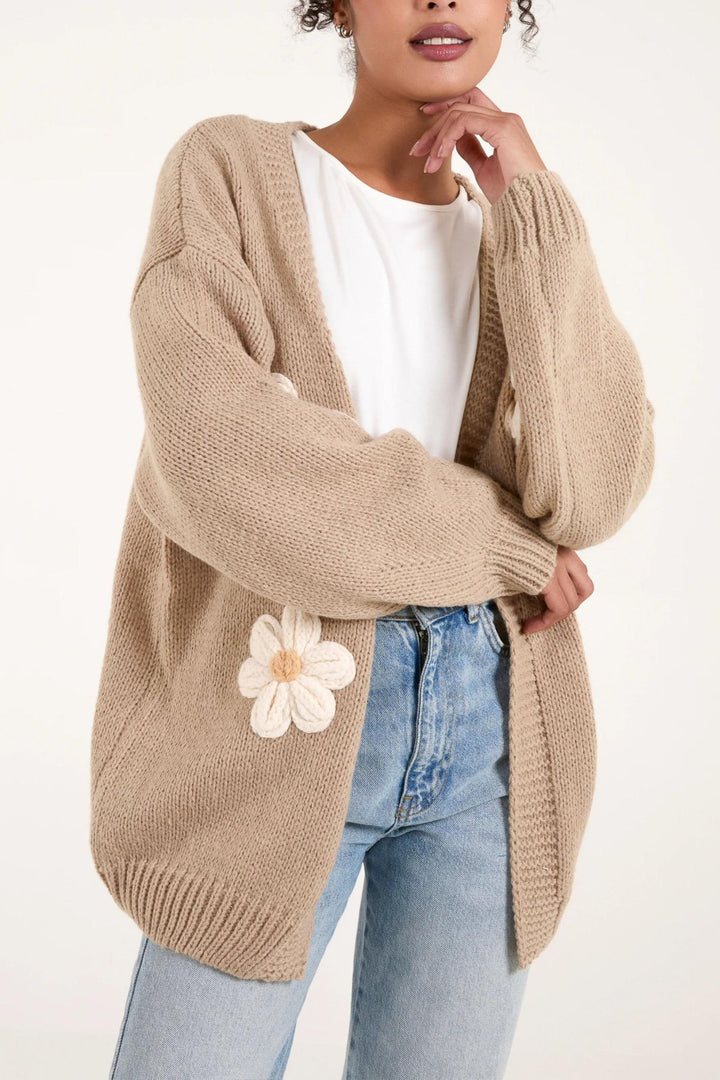 Taupe Daisy Embroidered Knit Cardigan