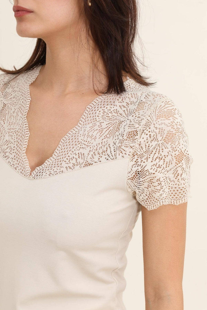 Taupe Lace Shoulder Detail Top