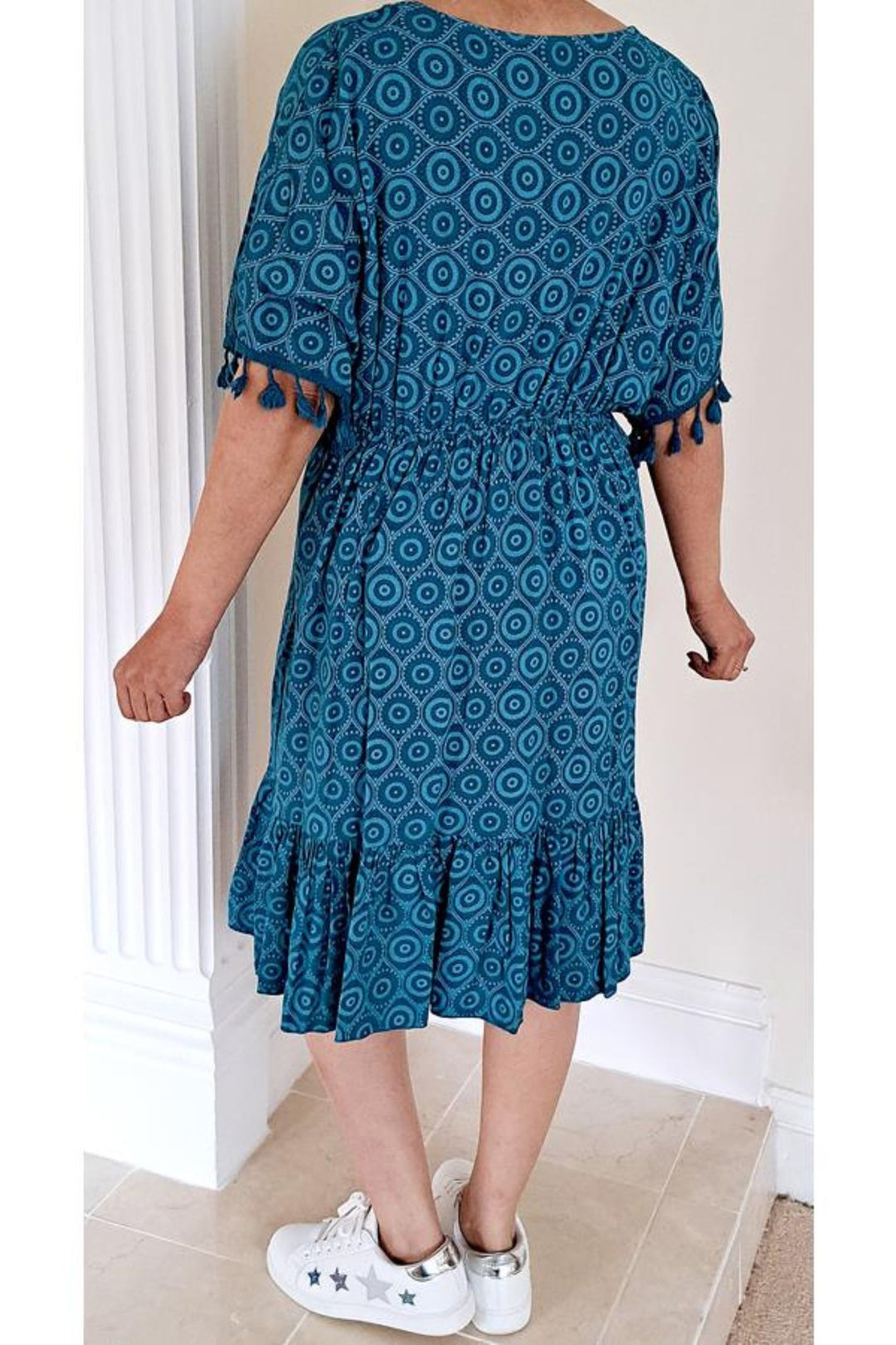 Teal Circle Print Embroidered Neckline Printed Short Dress