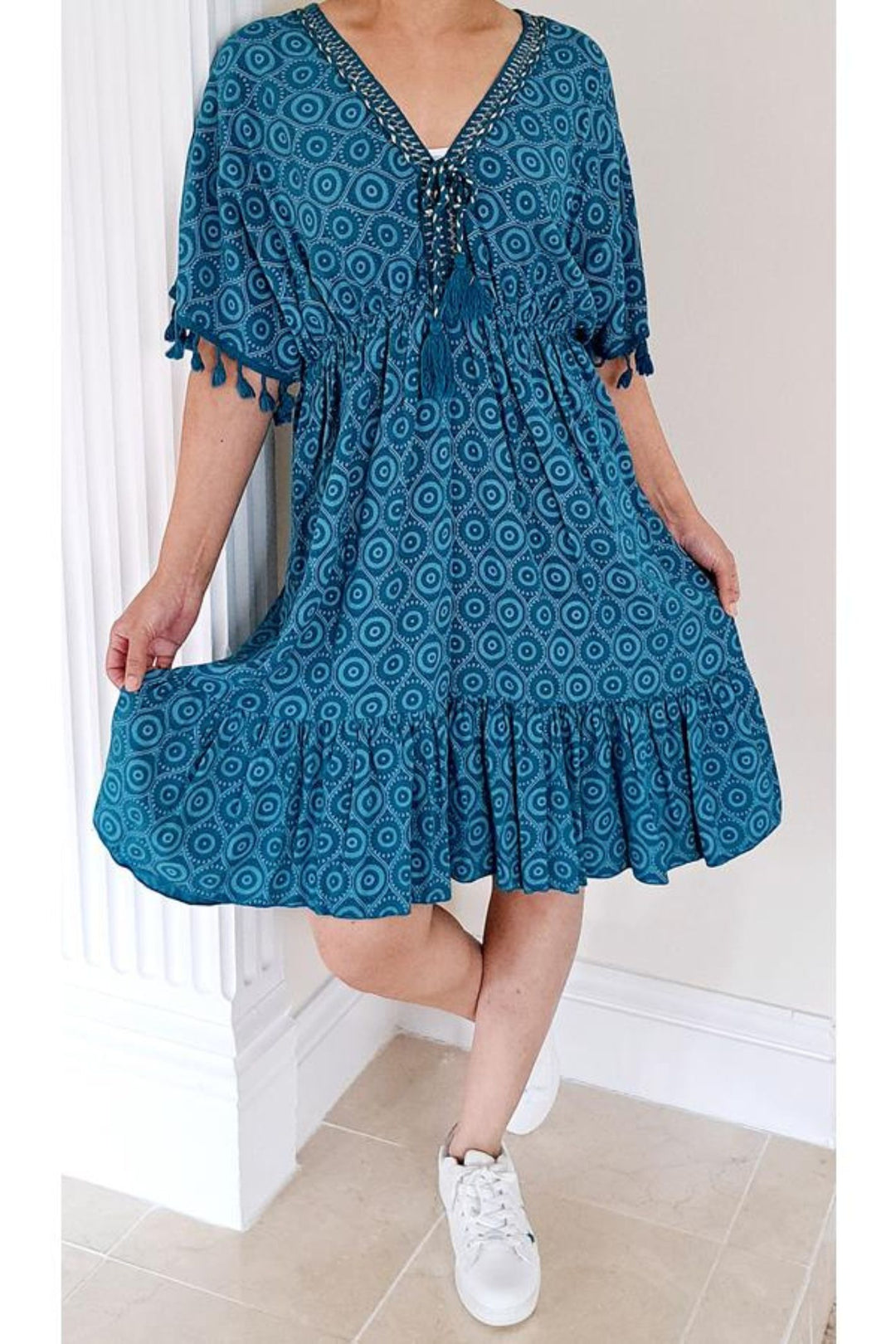 Teal Circle Print Embroidered Neckline Printed Short Dress