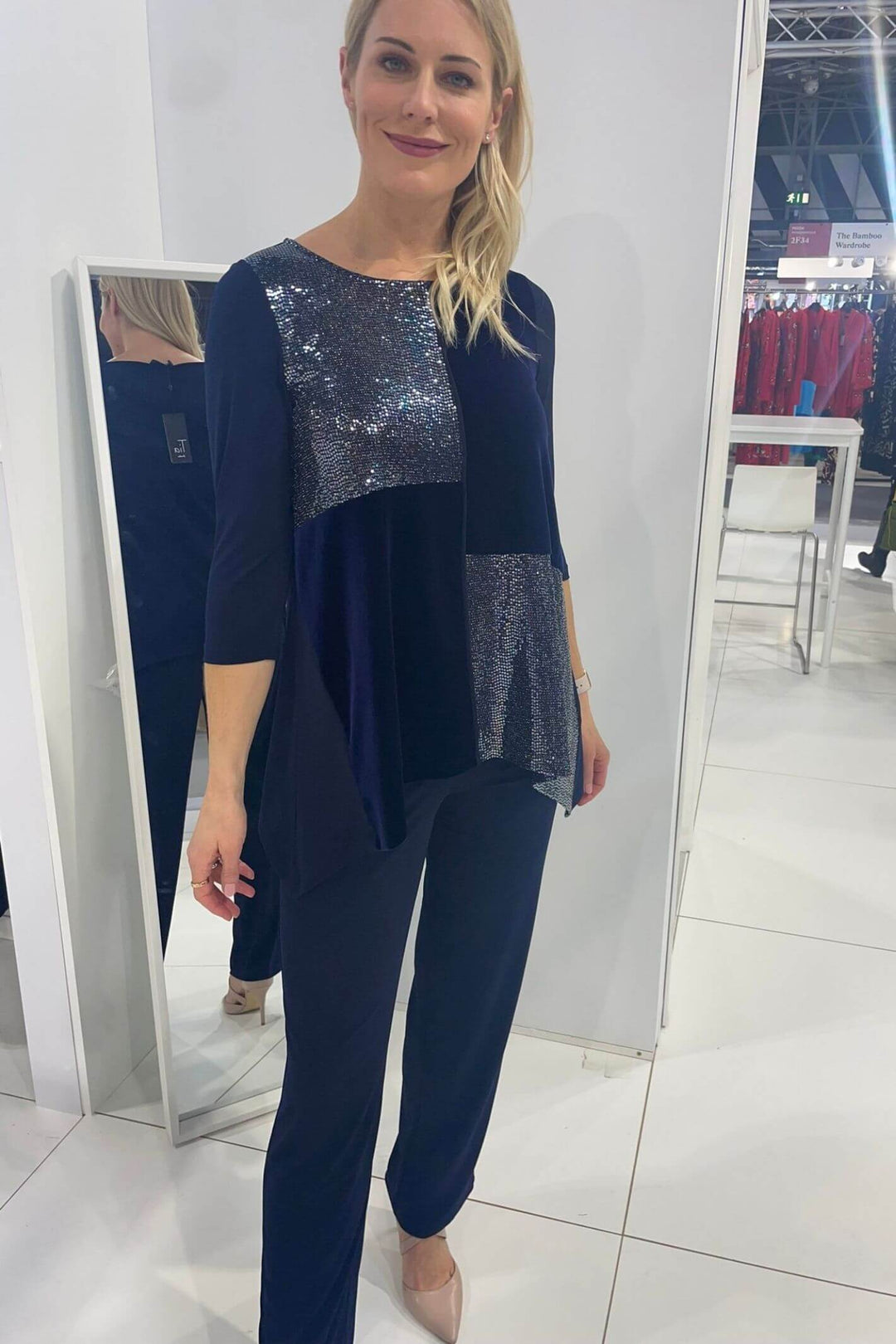 Tia 73036 69 Navy Velour & Sequin Top