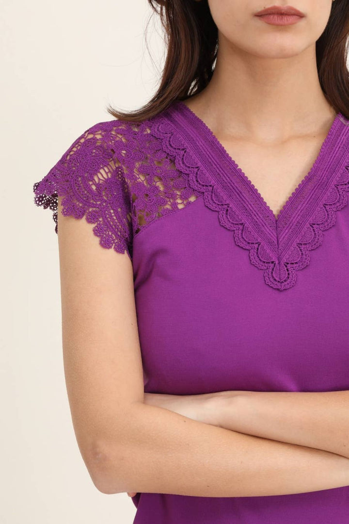 Violet Lace Trim V-Neck Top