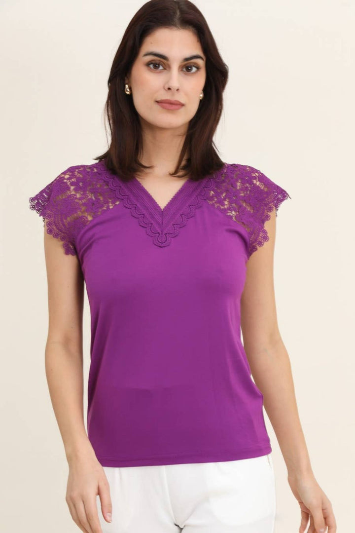 Violet Lace Trim V-Neck Top