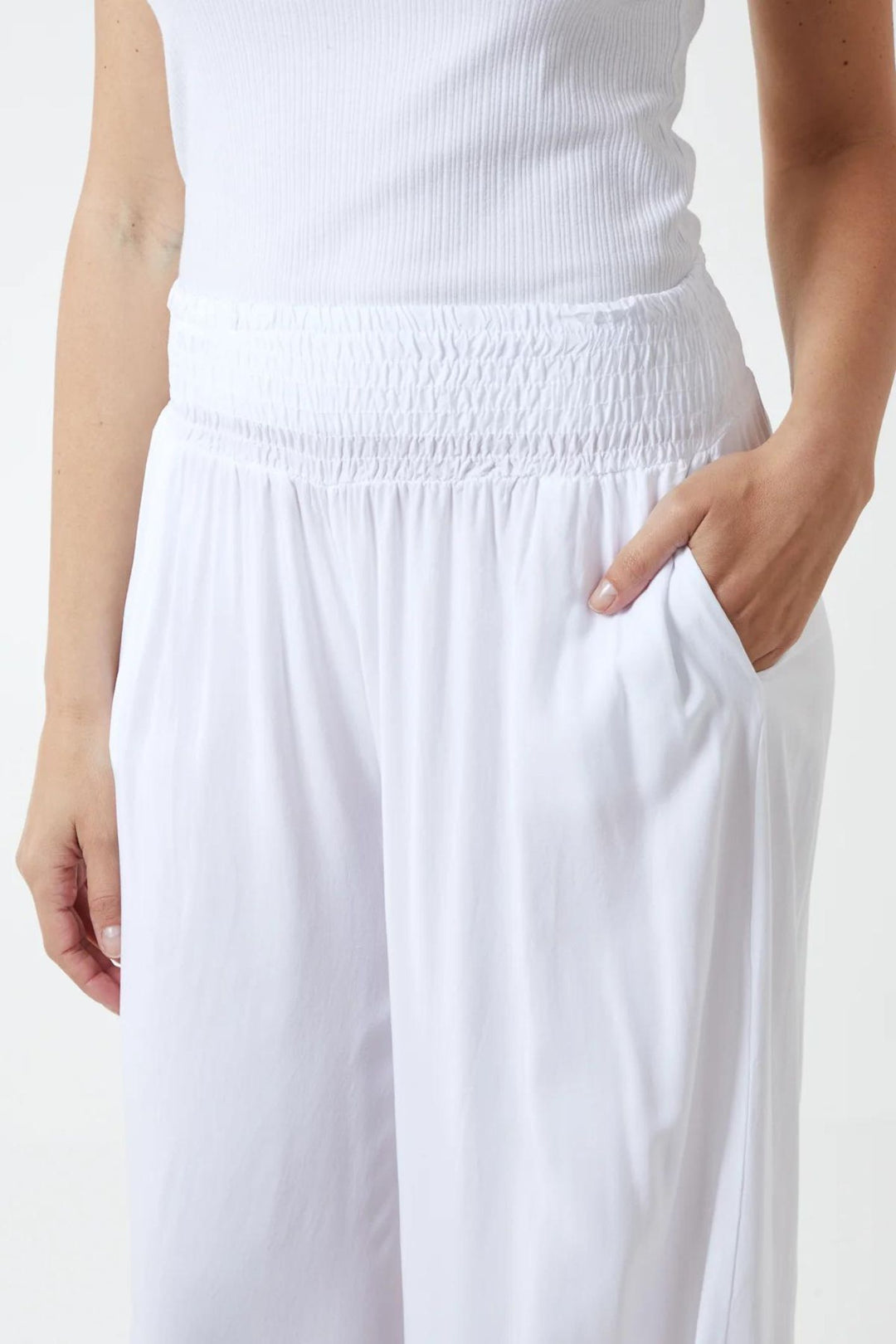 White Shirred Waistband Wide Leg Trousers