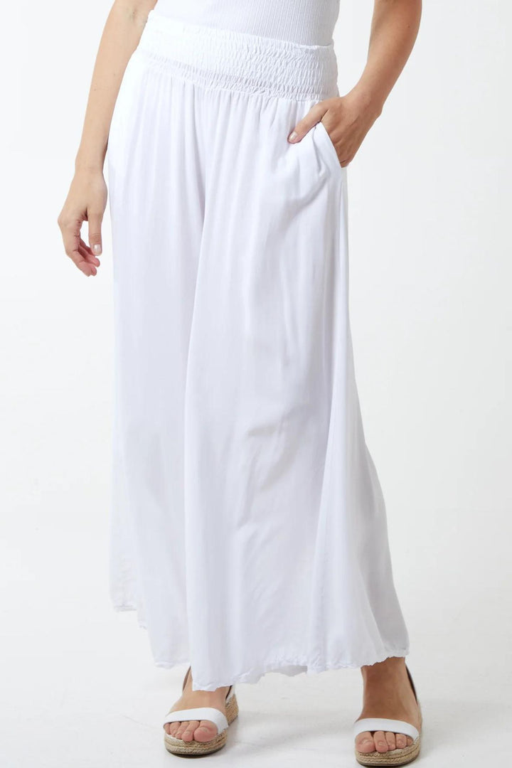 White Shirred Waistband Wide Leg Trousers