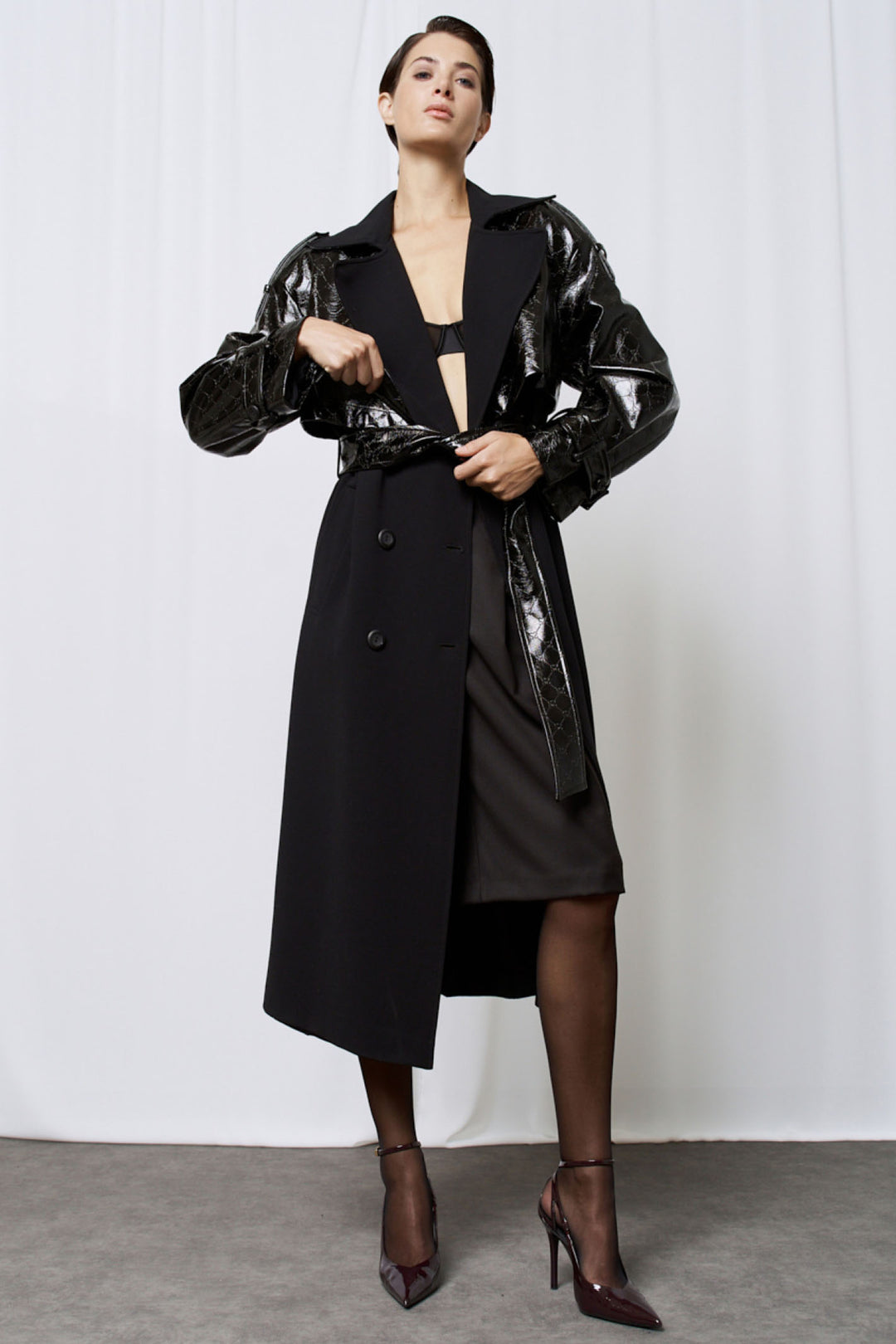 Access Fashion 9003 Black Wool Trench Coat Monogram Pattern - Experience Boutique