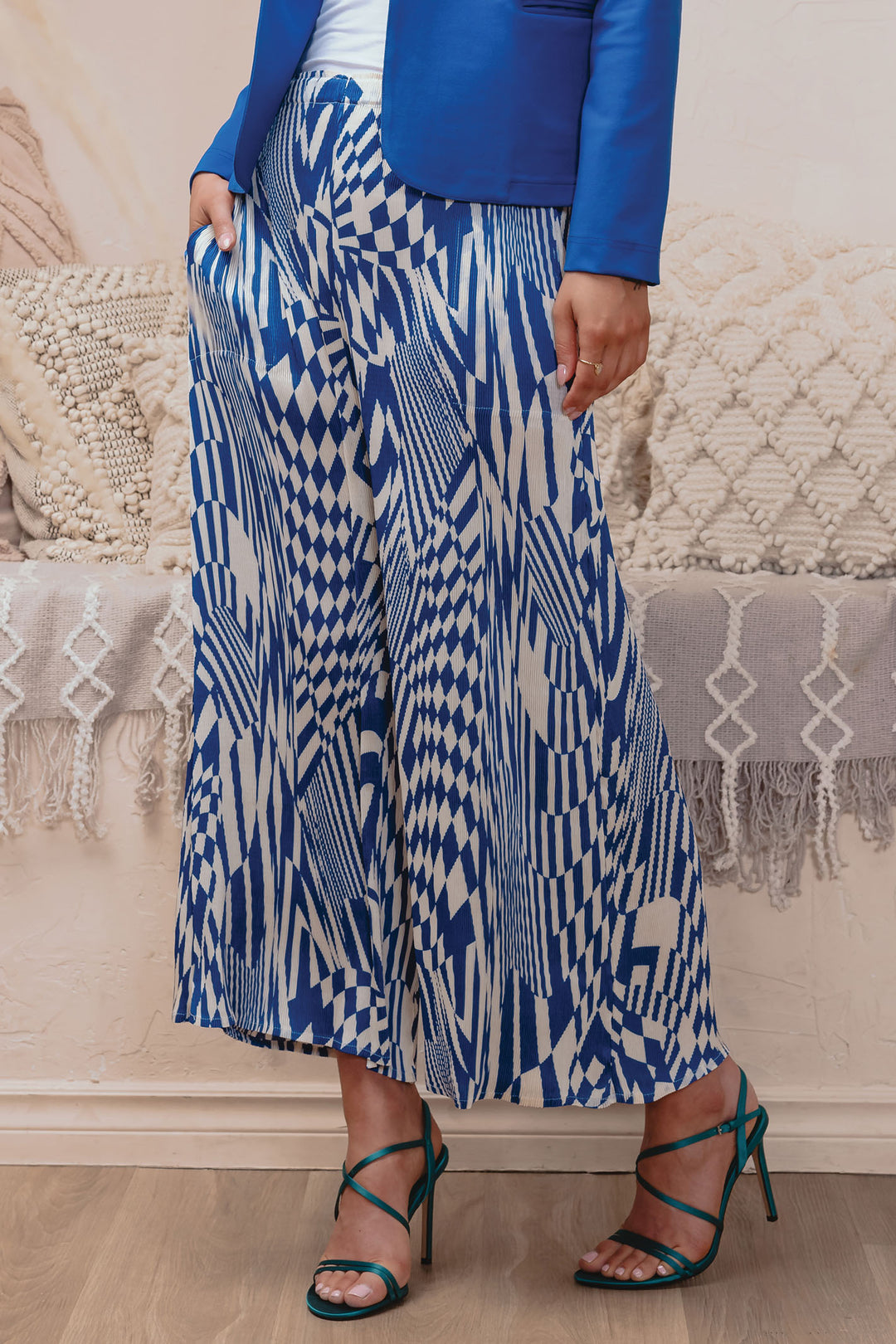 Alison Sheri 43430 Cobalt Blue & White Print Pleated Trousers ...