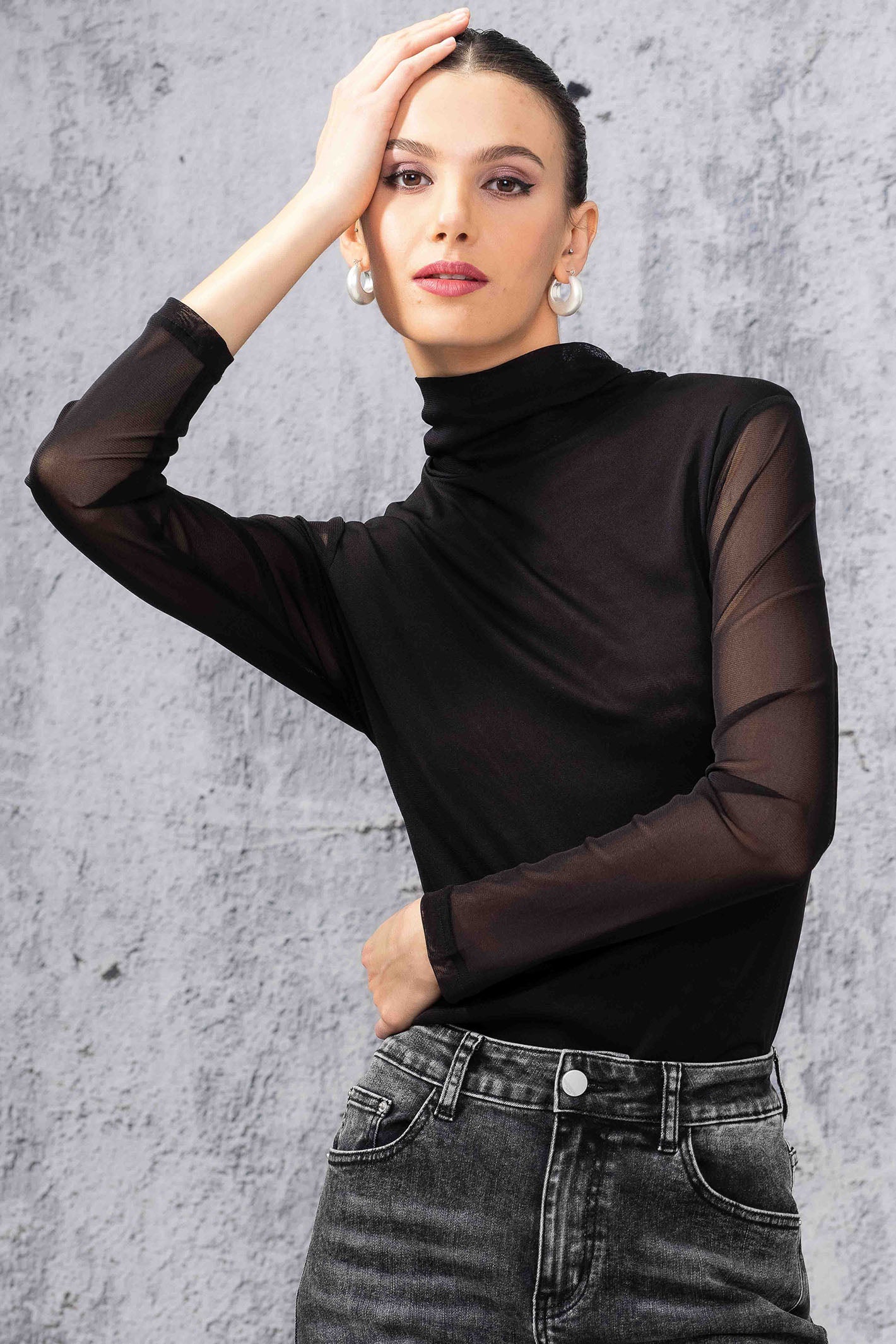 Alison Sheri 44020 Black Sheer Sleeve Polo Neck Top