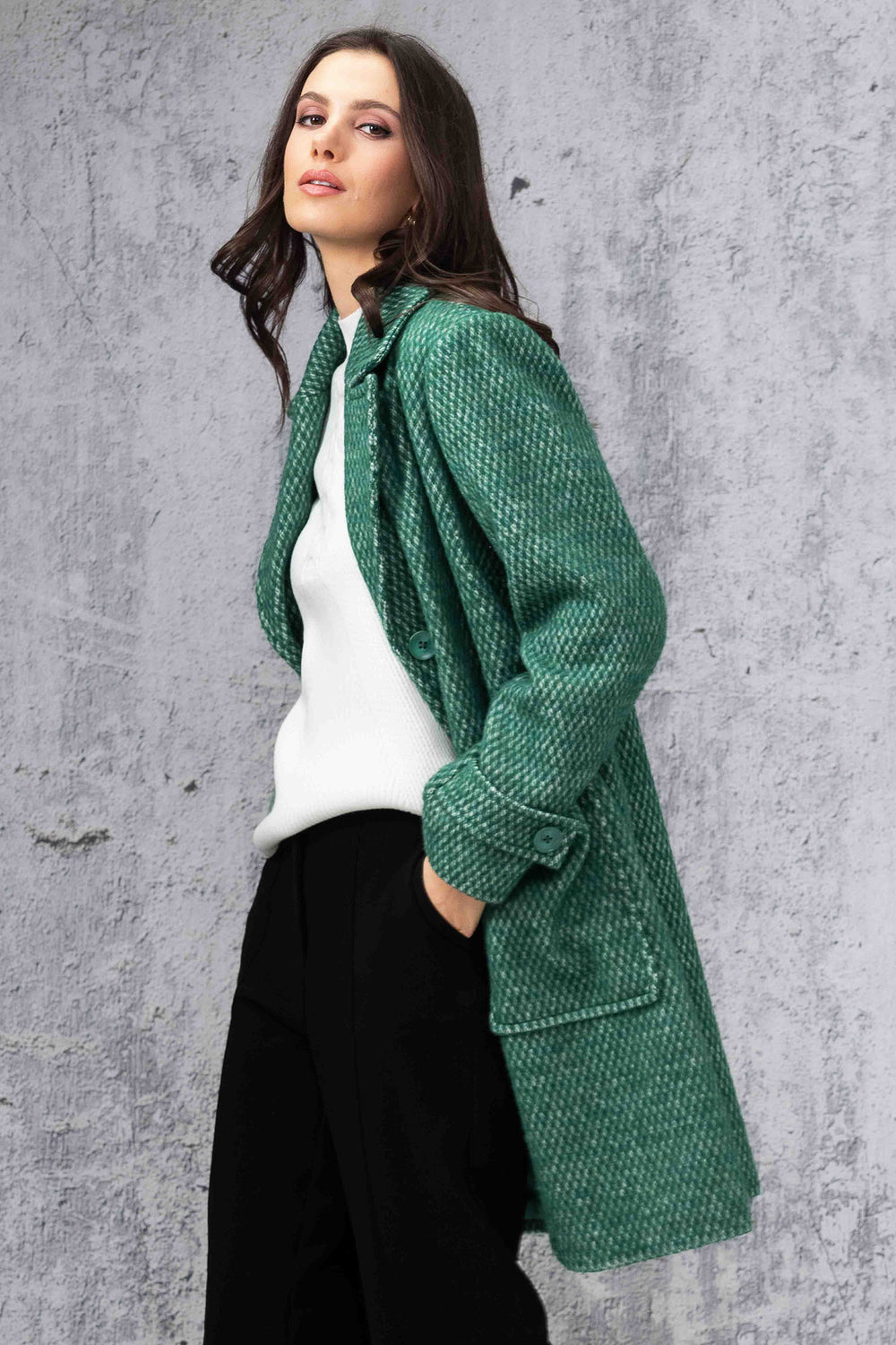 Alison Sheri 44118 Green & White Intricate Weave Coat - Experience Boutique