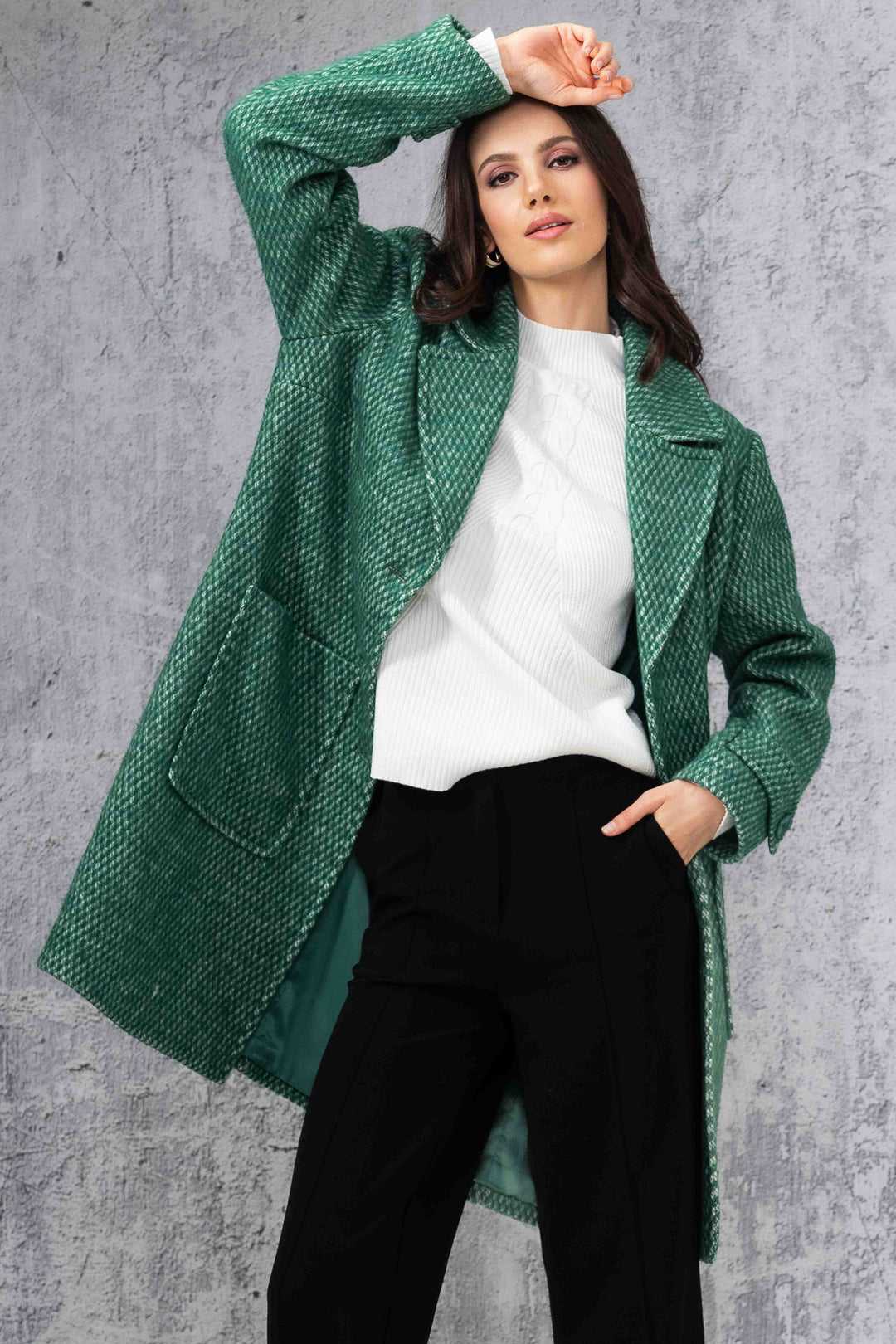 Alison Sheri 44118 Green & White Intricate Weave Coat - Experience Boutique