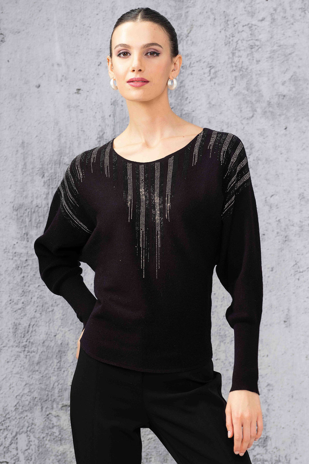 Alison Sheri 44401 Black Cascade Jewel Knit Jumper - Experience Boutique