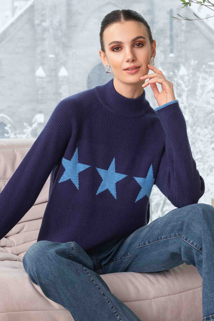 Alison Sheri 44478 Navy Star Knit Funnel Neck Jumper - Experience Boutique