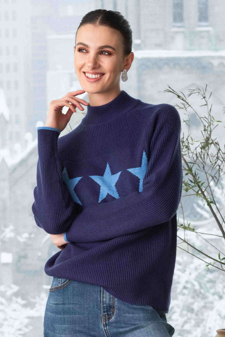 Alison Sheri 44478 Navy Star Knit Funnel Neck Jumper - Experience Boutique