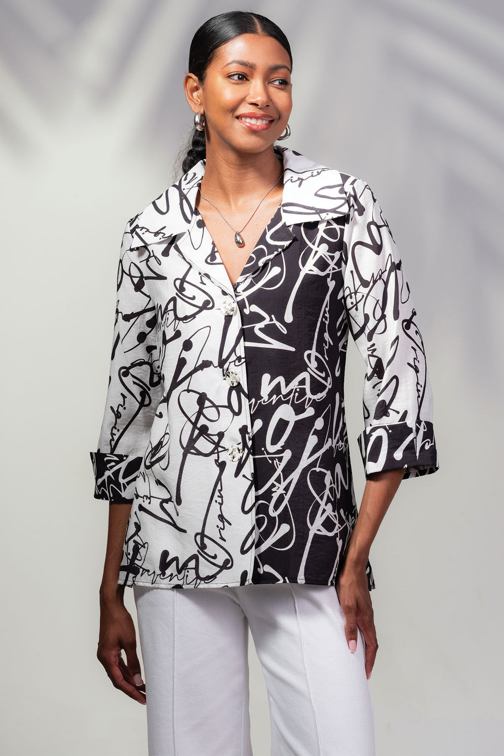 Alison Sheri Blouse Black White Monochrome Abstract Print A45191 - Experience Boutique