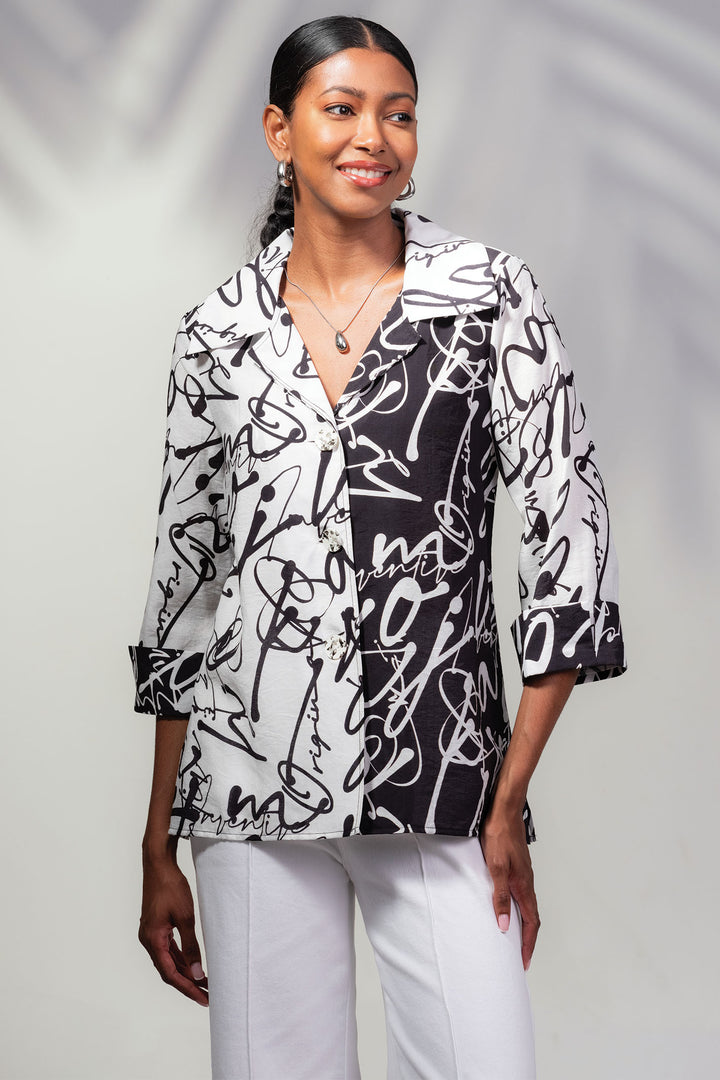 Alison Sheri Blouse Black White Monochrome Abstract Print A45191 - Experience Boutique