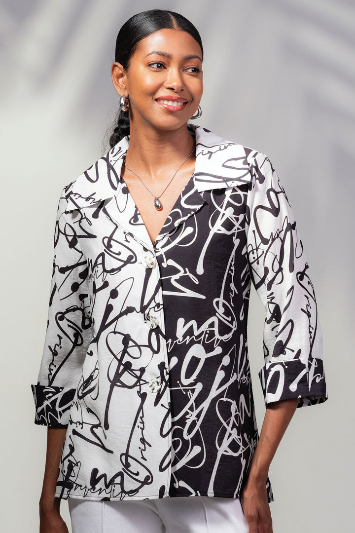 Alison Sheri Blouse Black White Monochrome Abstract Print A45191 - Experience Boutique