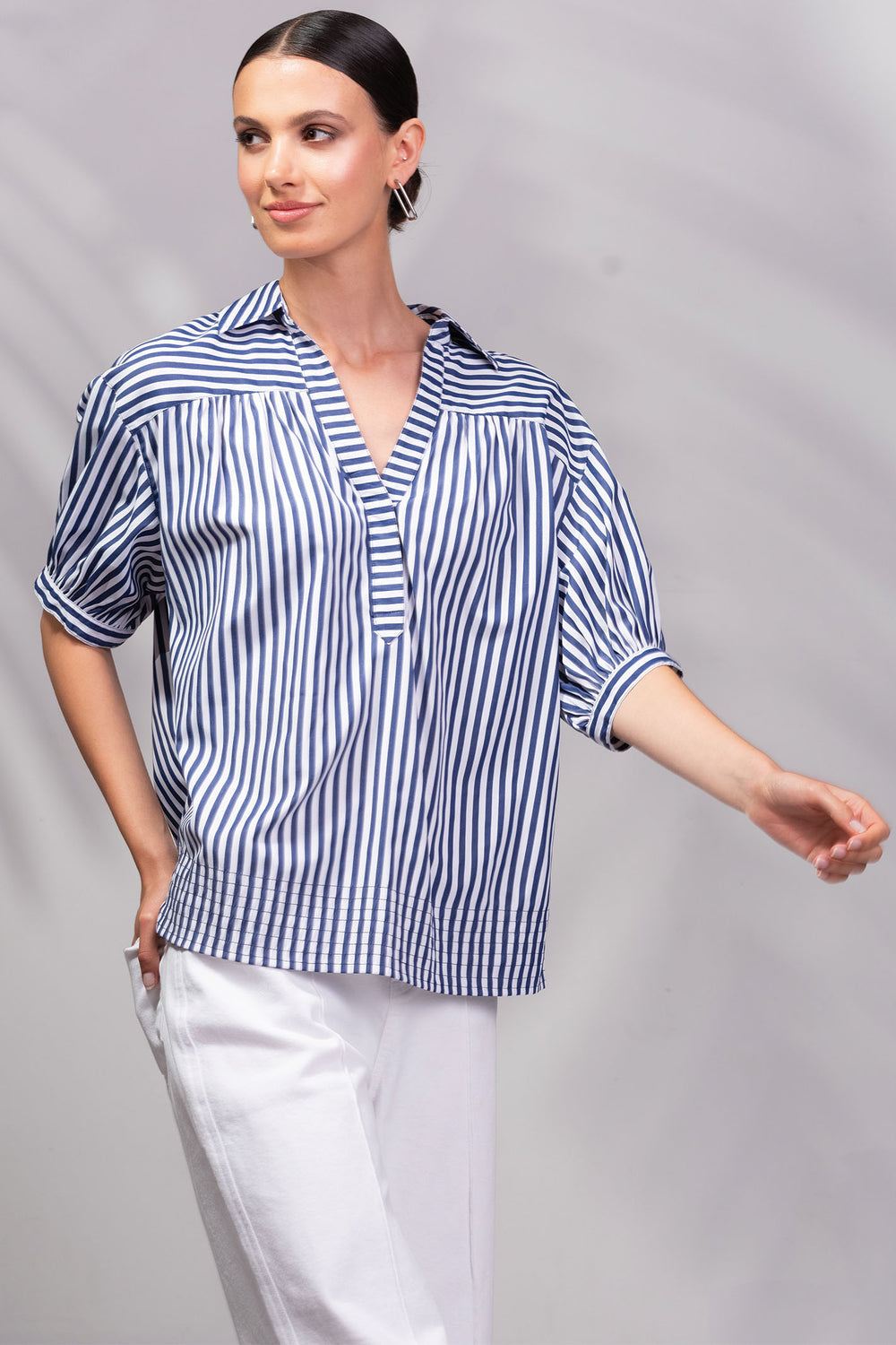 Alison Sheri Blouse Navy White Stripe A45085 - Experience Boutique