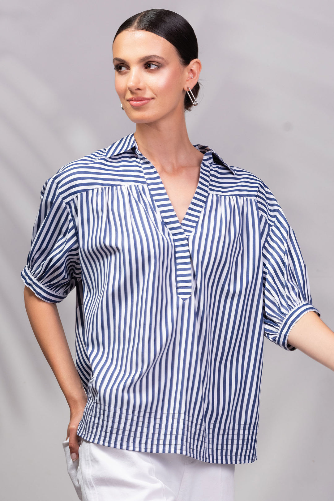 Alison Sheri Blouse Navy White Stripe A45085 - Experience Boutique