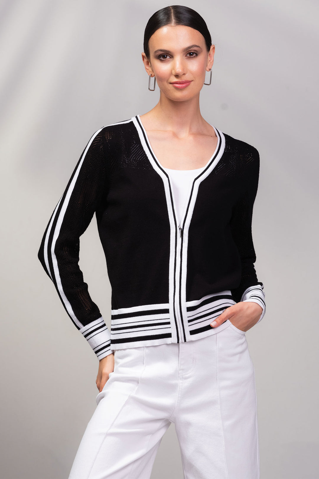 Alison Sheri Cardigan Black Zip Front Fine Knit 45249 - Experience Boutique