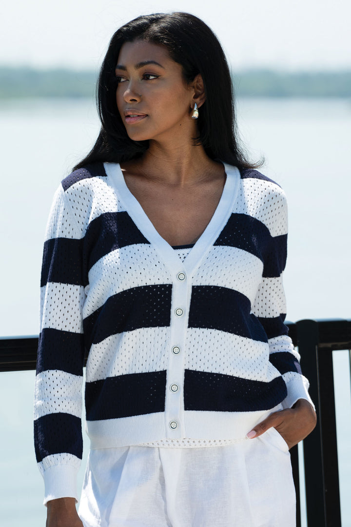 Alison Sheri Cardigan Navy Wide Stripe Mesh Knit A45388 - Experience Boutique