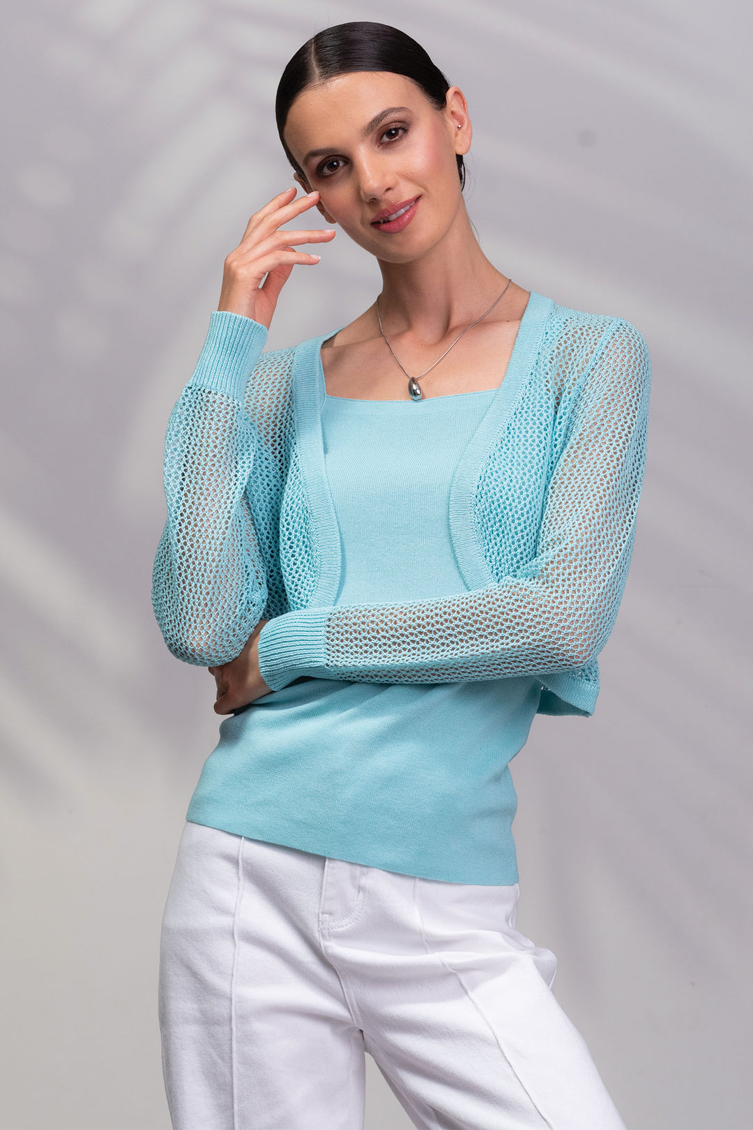 Alison Sheri Cardigan Vest Twin Set Aqua Blue 45219 - Experience Boutique