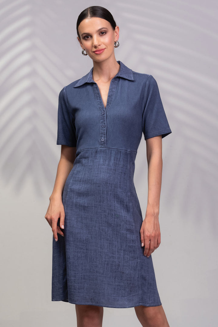 Alison Sheri Collared Dress Indigo Blue Linen Blend A45015 - Experience Boutique