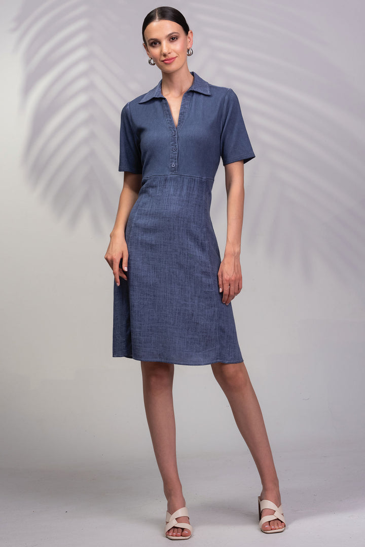 Alison Sheri Collared Dress Indigo Blue Linen Blend A45015 - Experience Boutique