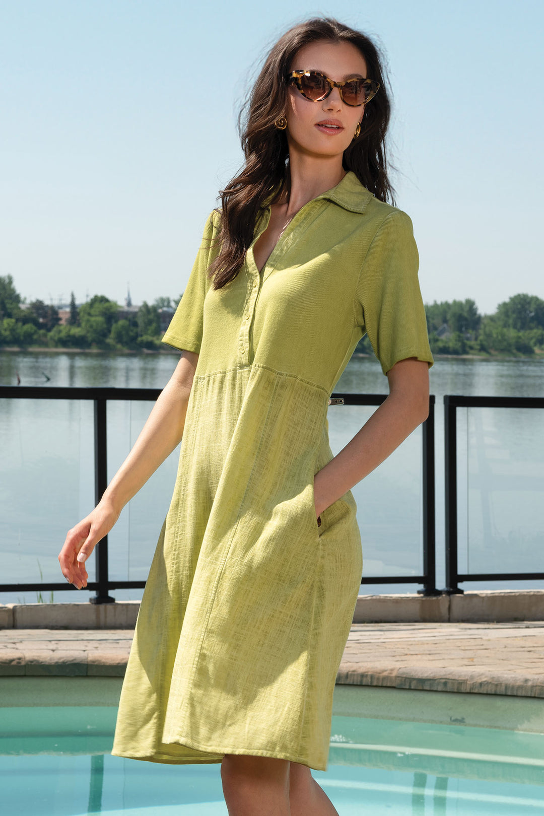 Alison Sheri Collared Dress Lime Green Linen Blend A45015 - Experience Boutique