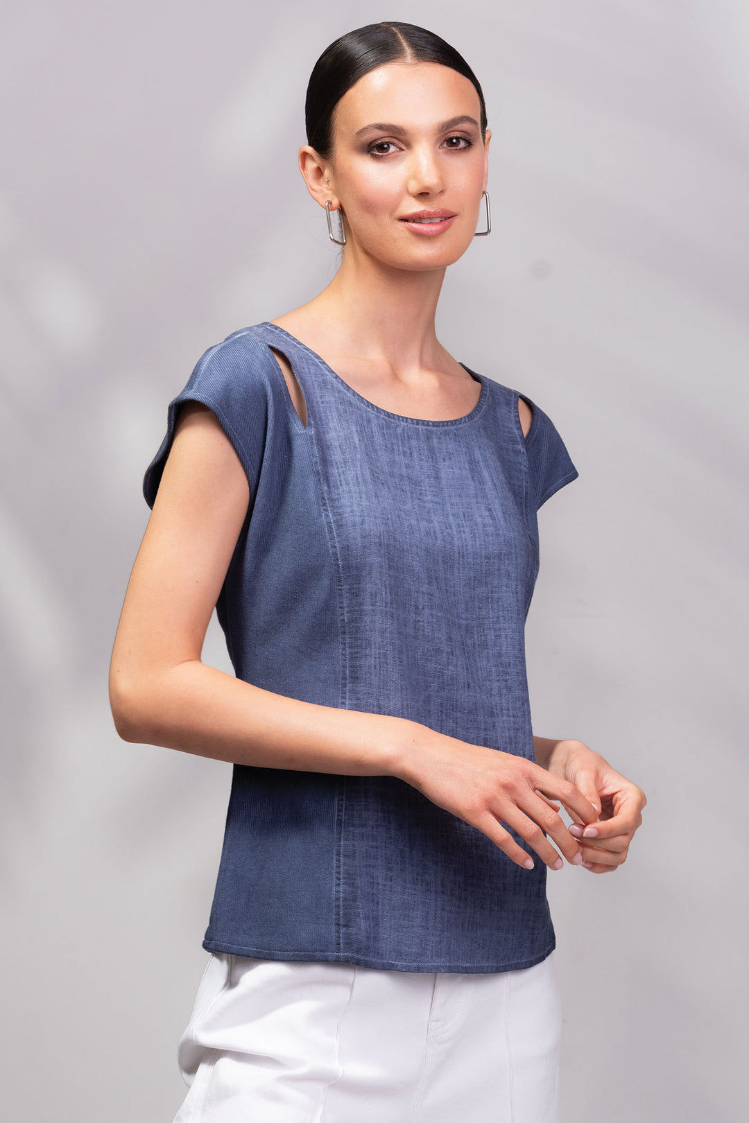 Alison Sheri Cutout Top Indigo Blue Linen Blend A45012 - Experience Boutique