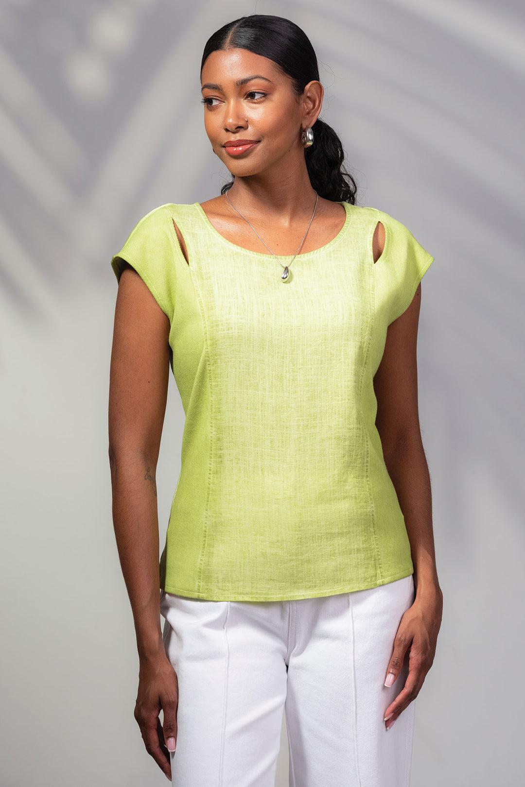 Alison Sheri Cutout Top Lime Green Linen Blend A45012 - Experience Boutique