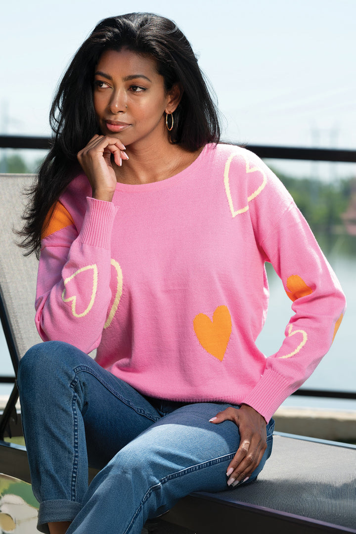 Alison Sheri Jumper Pink Heart Pattern Round Neck A45130 - Experience Boutique