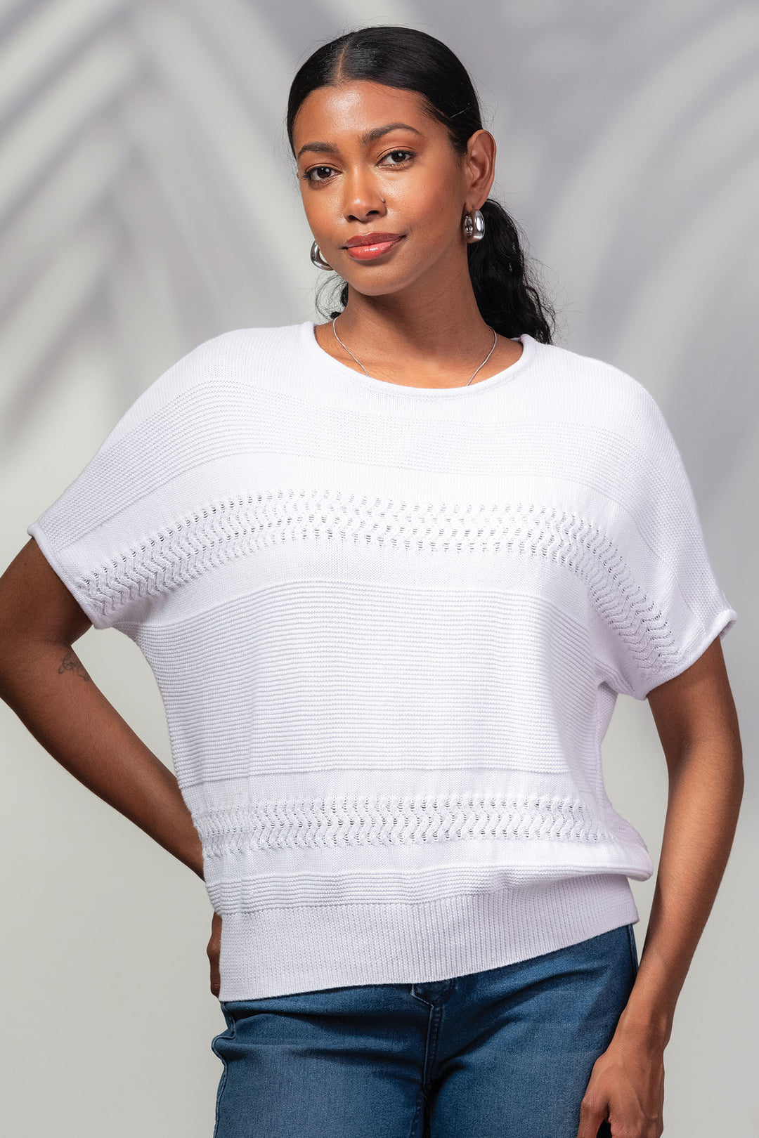 Alison Sheri Jumper Raglan Sleeve White Cotton A45318 - Experience Boutique